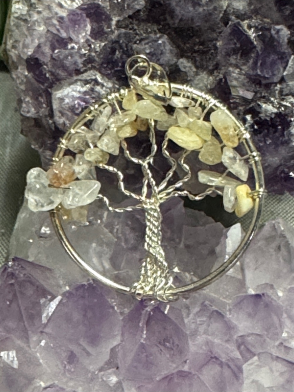 Handmade Silver Tree of Life Pendant with Clear Quartz Gem Chips